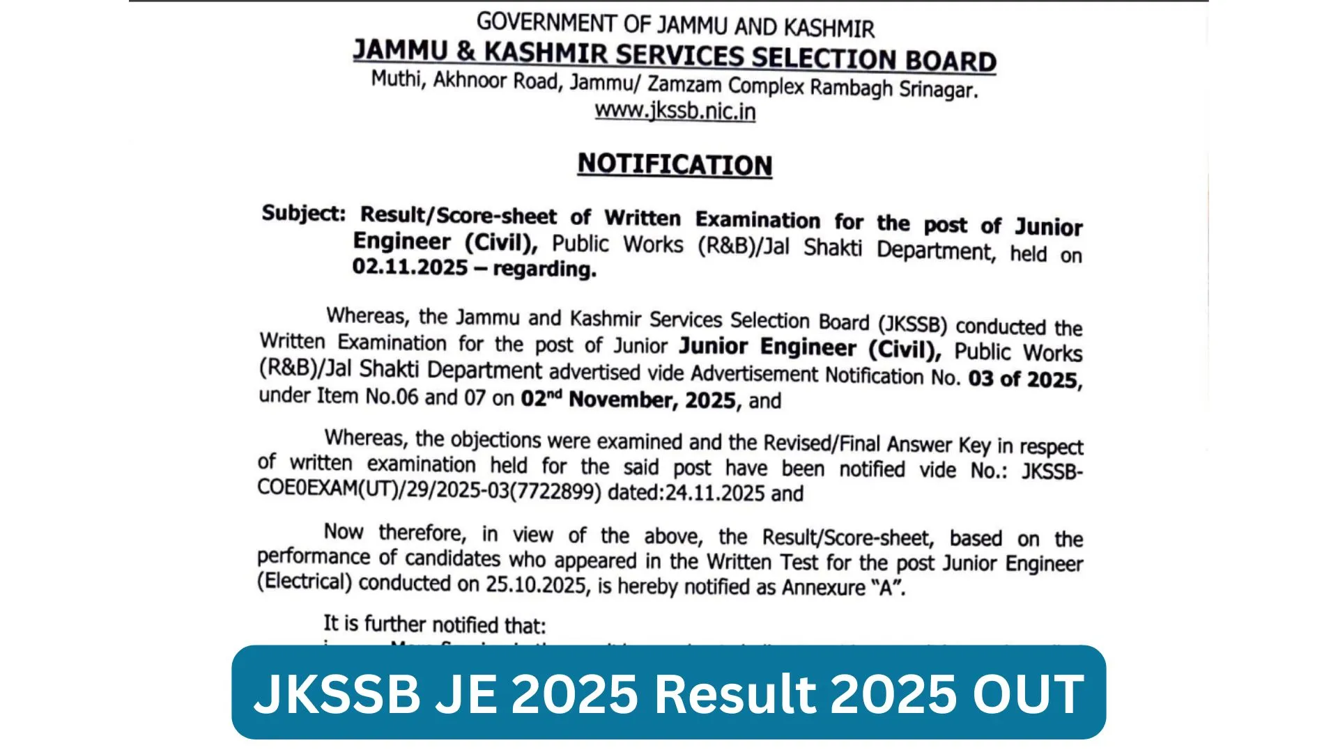 JKSSB JE 2025 Result 2025 OUT
