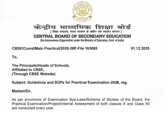 CBSE Updated SOPs and Guidelines at cbse.gov.in for Class 10, 12 Practical Exams 2025-26