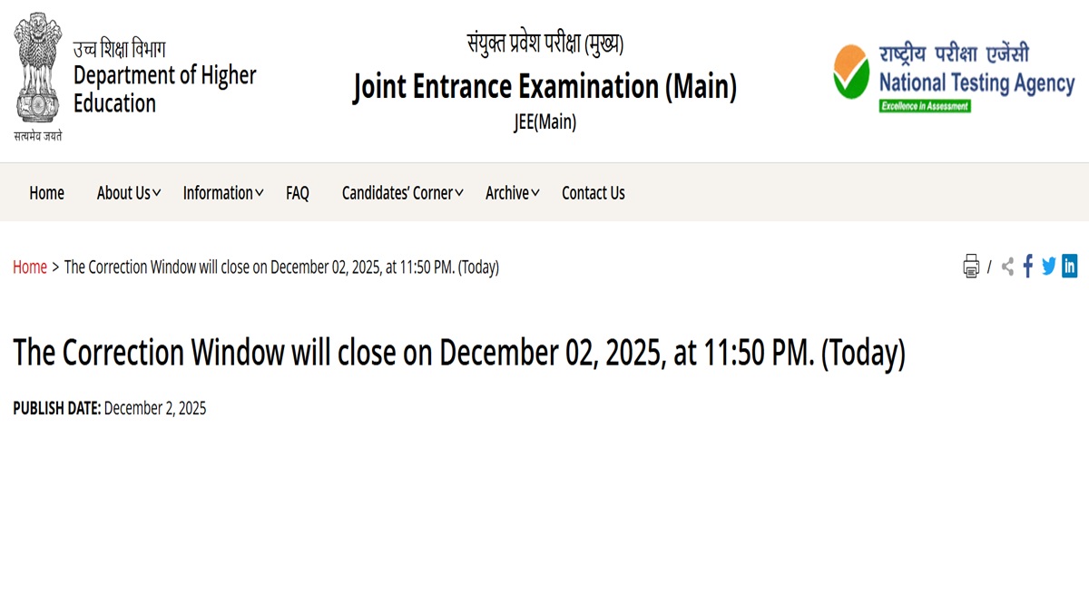 JEE Main 2026: Correction Window Closing Today; Edit Registration Details at jeemain.nta.nic.in