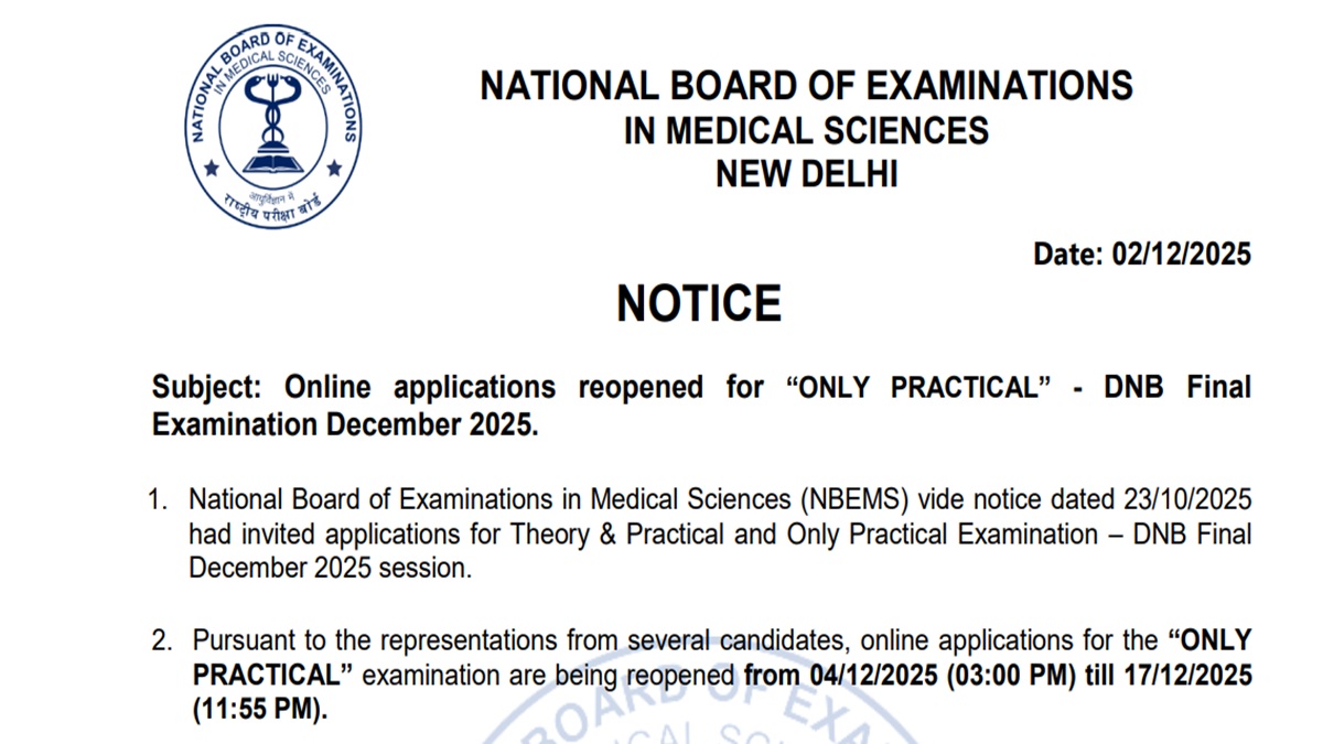 DNB Final December 2025 Only Practical Applications Reopen Tomorrow, Check Details at natboard.edu.in