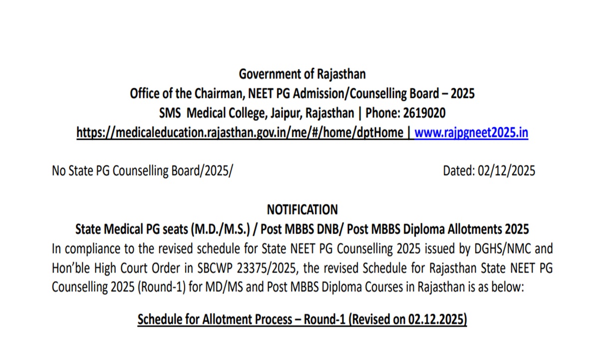 Rajasthan NEET PG 2025 Round 1 Schedule Revised, Check Allotment Dates Here