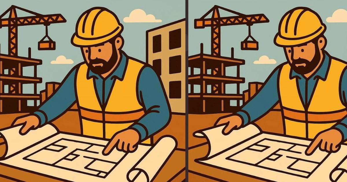Spot the 3 Differences in Construction Worker Checking Blueprint Beat the 19-Second Challenge!