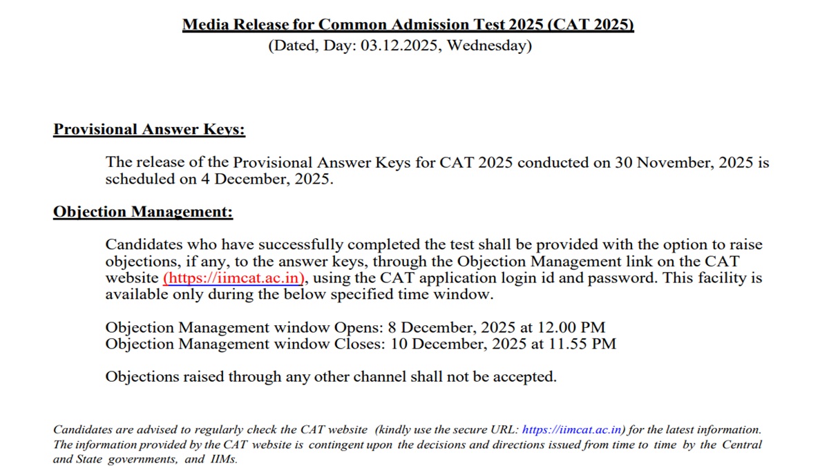 CAT 2025: Provisional Answer Key, Response Sheet to be Released Today, Download at iimcat.ac.in