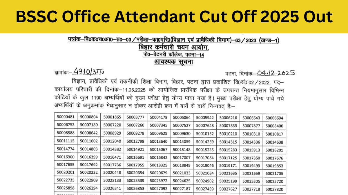 BSSC Office Attendant Cut Off 2025 OUT: Check General, OBC, SC, EWS Cut Off Marks & Selection Status