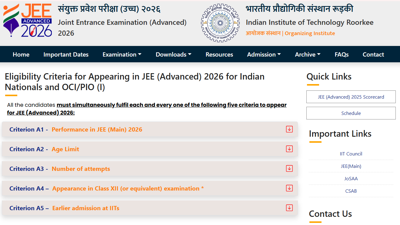 JEE Advanced 2026 Eligibility Criteria Out at jeeadv.ac.in