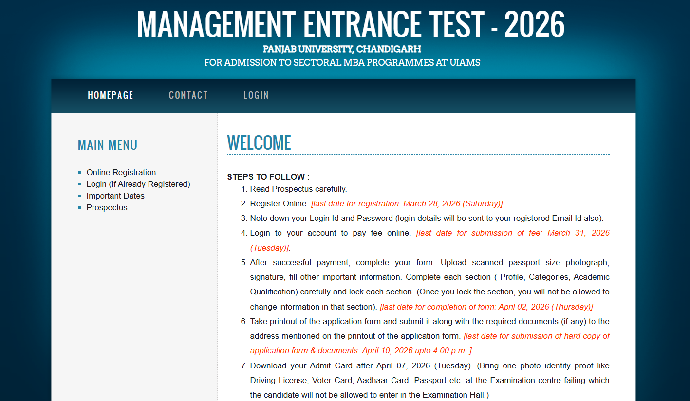 PU MET 2026: Exam Schedule OUT at met.puchd.ac.in; Register Online