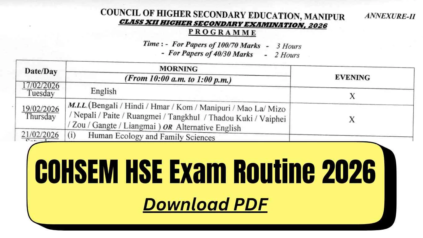 COHSEM HSE Exam Routine 2026: Download Manipur Board Class 12 Time Table PDF
