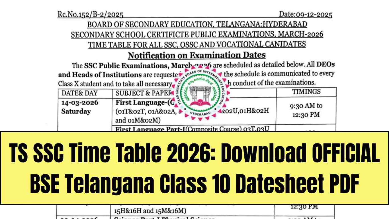 TS SSC Time Table 2026: Download OFFICIAL BSE Telangana Class 10 Datesheet PDF; Check Exam Timings