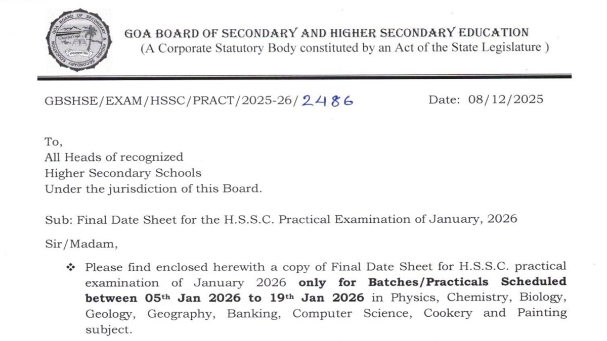 Goa Board HSSC Class 12th Practical Exams Time Table 2026 Released; Check Dates Here