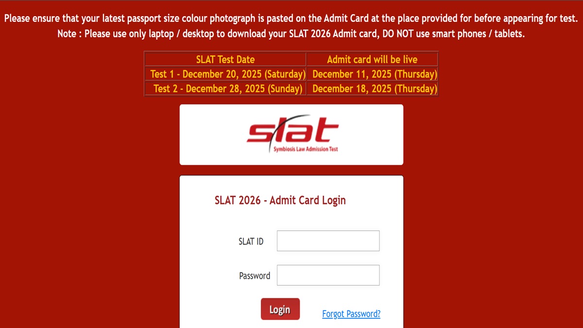 SLAT Admit Card 2026: Download Test 1 Hall Ticket at slat-test.org; Direct link here