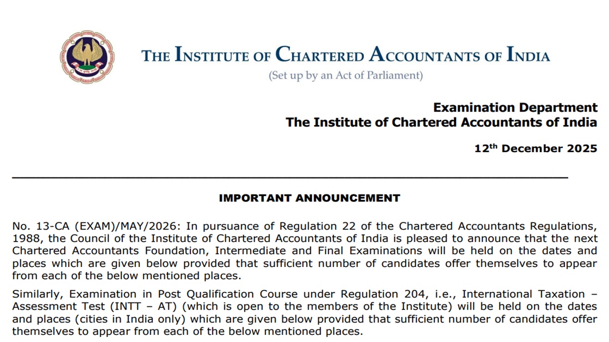 ICAI CA May 2026 Exam Dates Announced, Check Schedule for Foundation, Intermediate and Final Exam Here