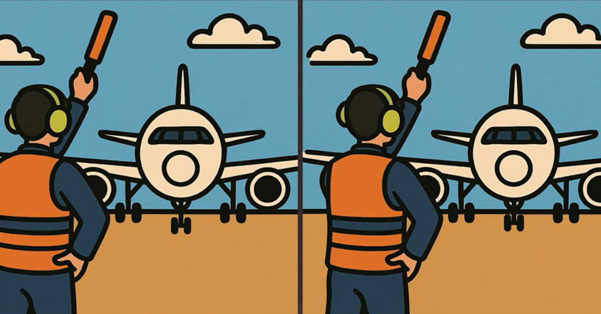 Spot the 3 Differences in Air Traffic Marshall Guiding Airplane Beat the 45-Second Challenge!
