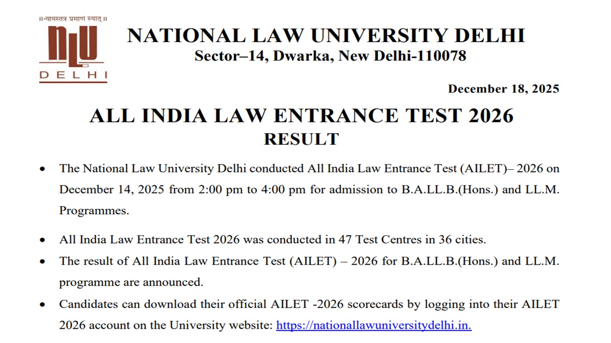 AILET Result 2026 OUT at nationallawuniversitydelh