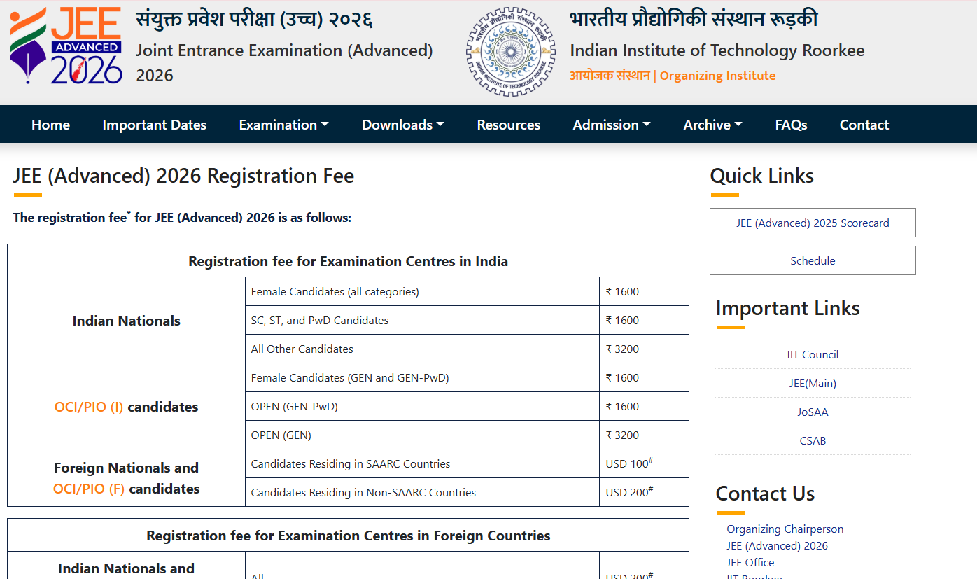 IIT Roorkee has released the revised JEE Advanced 2026 registration fee details at jeeadv.ac.in.