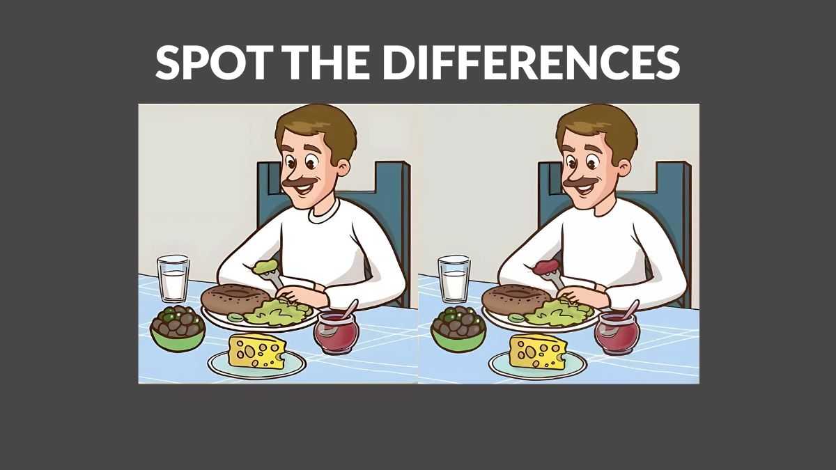 Can you spot three differences between the man eating breakfast pictures in 11 seconds?