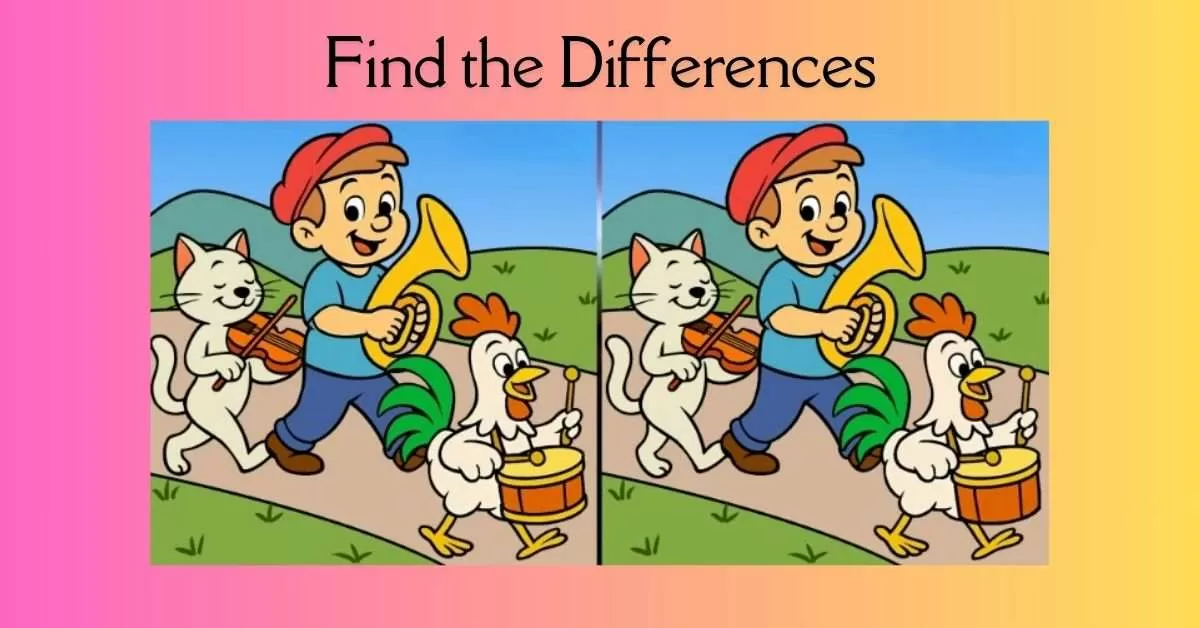 Spot the 3 Differences in Boy Playing Instruments With Animals