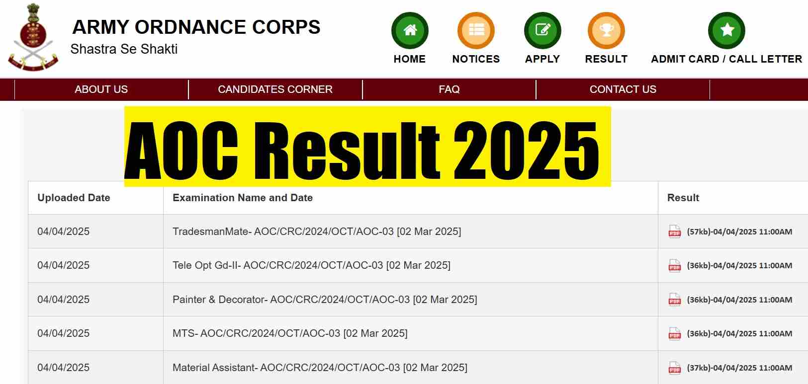AOC Result 2025 OUT at aocrecruitment.gov.in: Check MTS, Fireman and others posts Result Online,Direct Link Here
