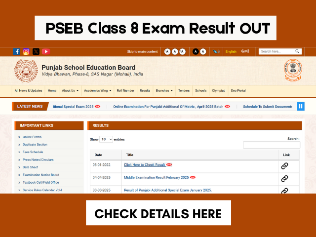 PSEB Class 8th Result 2025 Out at pseb.ac.in, Check Steps to Download here.