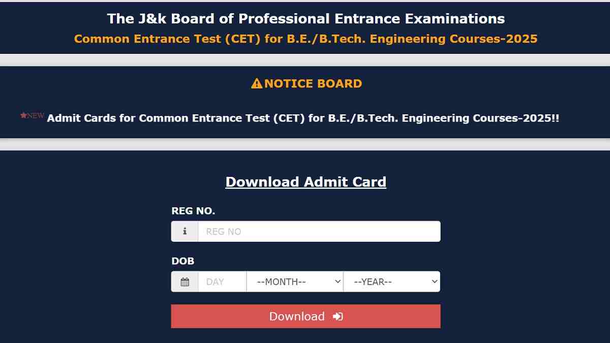 [Link Active] JKCET Admit Card 2025 Out: Download CET Hall Ticket at jkbopee.gov.in