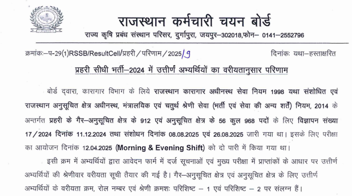 Rajasthan Jail Prahari Result 2025 OUT