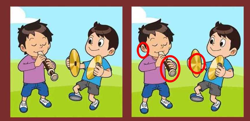 Spot 3 differences between the boys playing musical instrument pictures ...