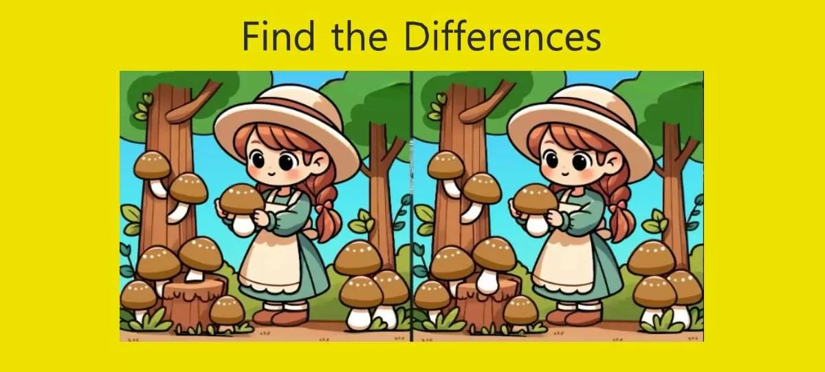 Spot the 3 Differences in Girl Picking Mushrooms
