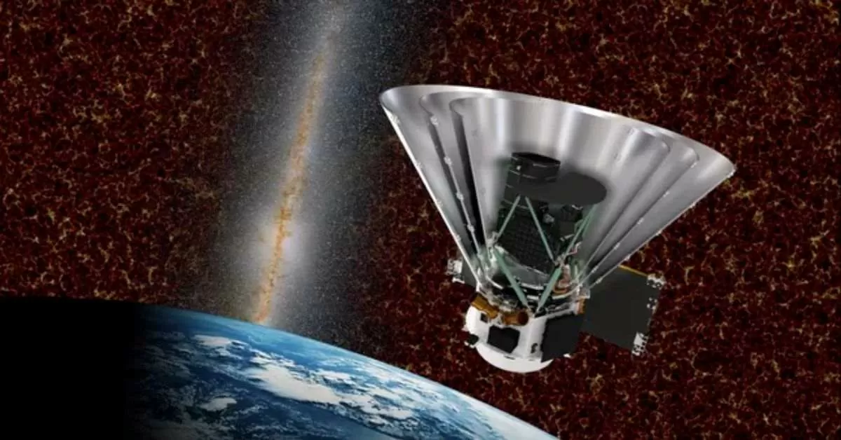 An artistic depiction of the SPHEREx spacecraft shows its cone-shaped design, with cosmic structures visible in the background. Cuts the cone in half, revealing the interior of the spacecraft.