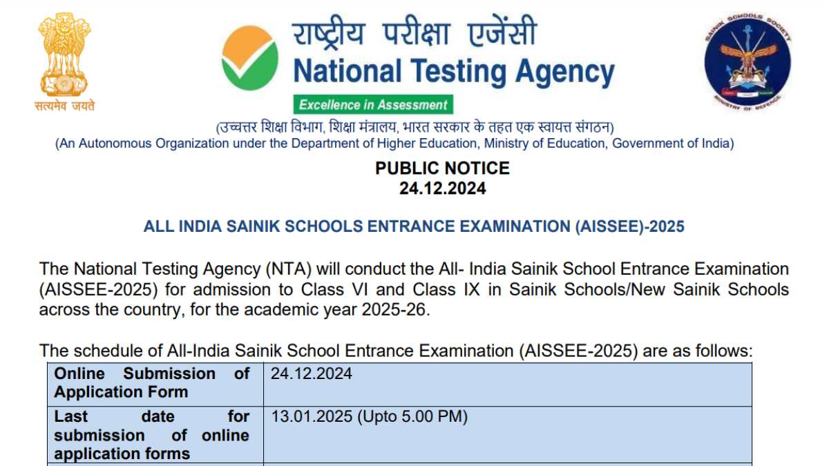 AISSEE 2025: Class 6th, 9th Sainik School Entrance Exam Registration Ends Today At exams.nta.ac.in- Check Details Here - Jagran Josh
