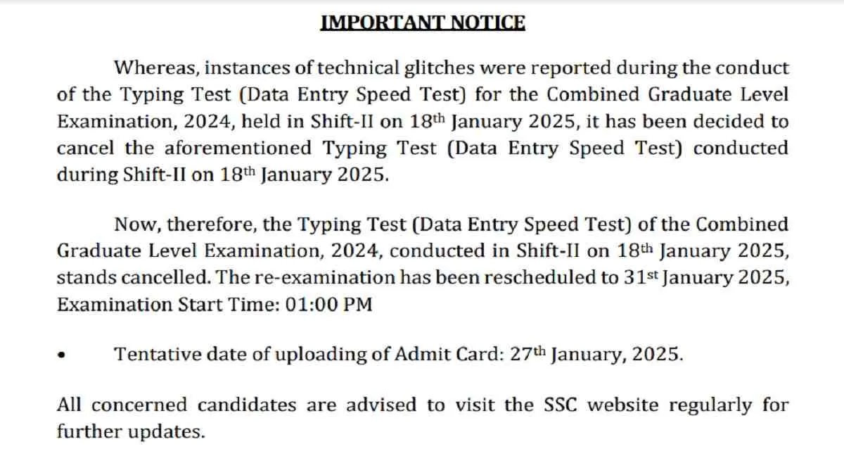 SSC CGL 2025 Typing Test schedule notice 