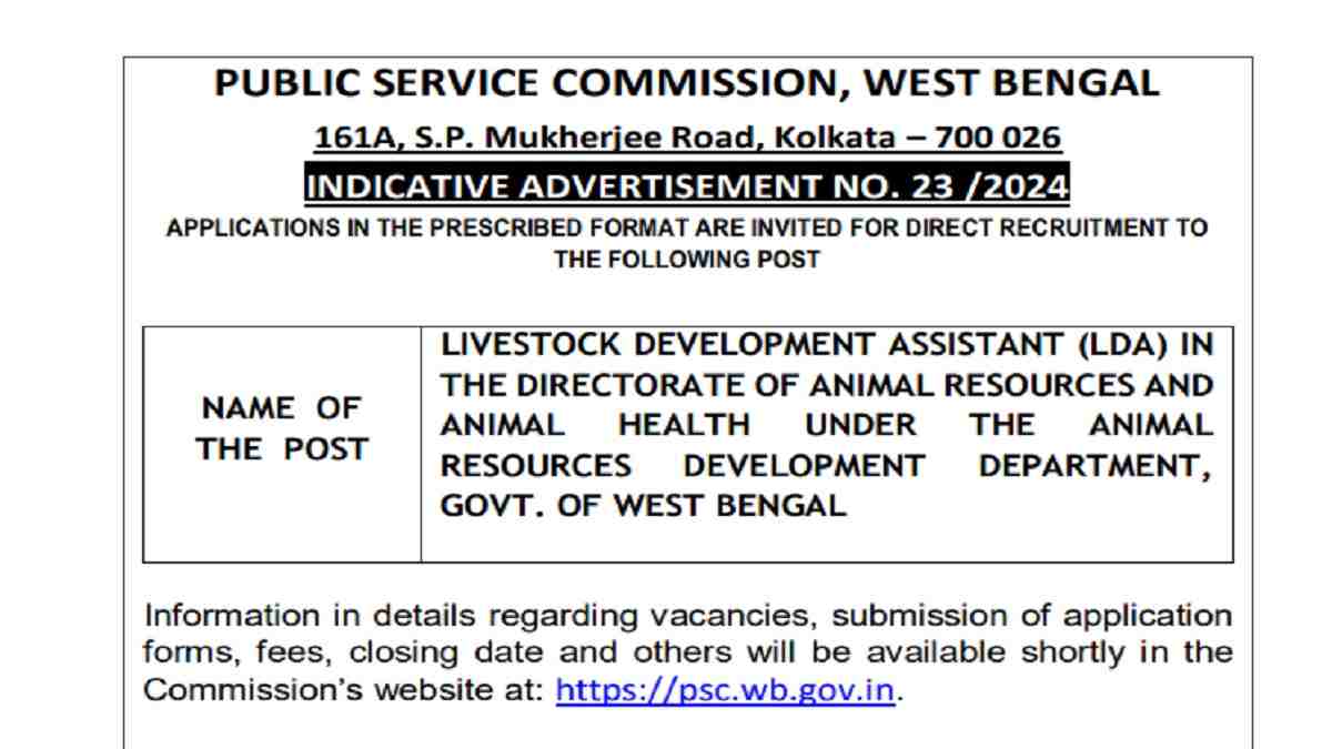WBPSC LDA Recruitment 2025: Apply For Livestock Development Assistant Posts: Check Eligibility, Vacancies, Application Date And More 
