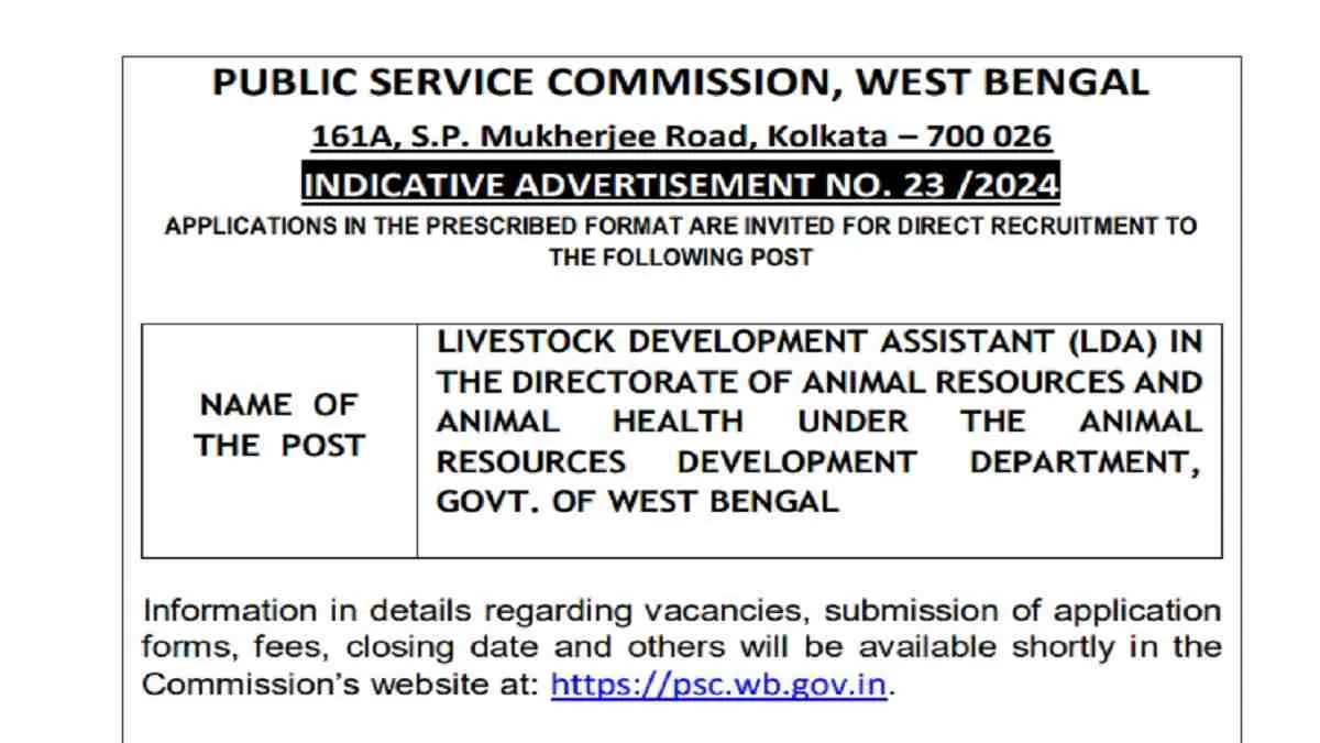 Get all details for WBPSC Livestock Development Assistant Recruitment 2024 here apply online