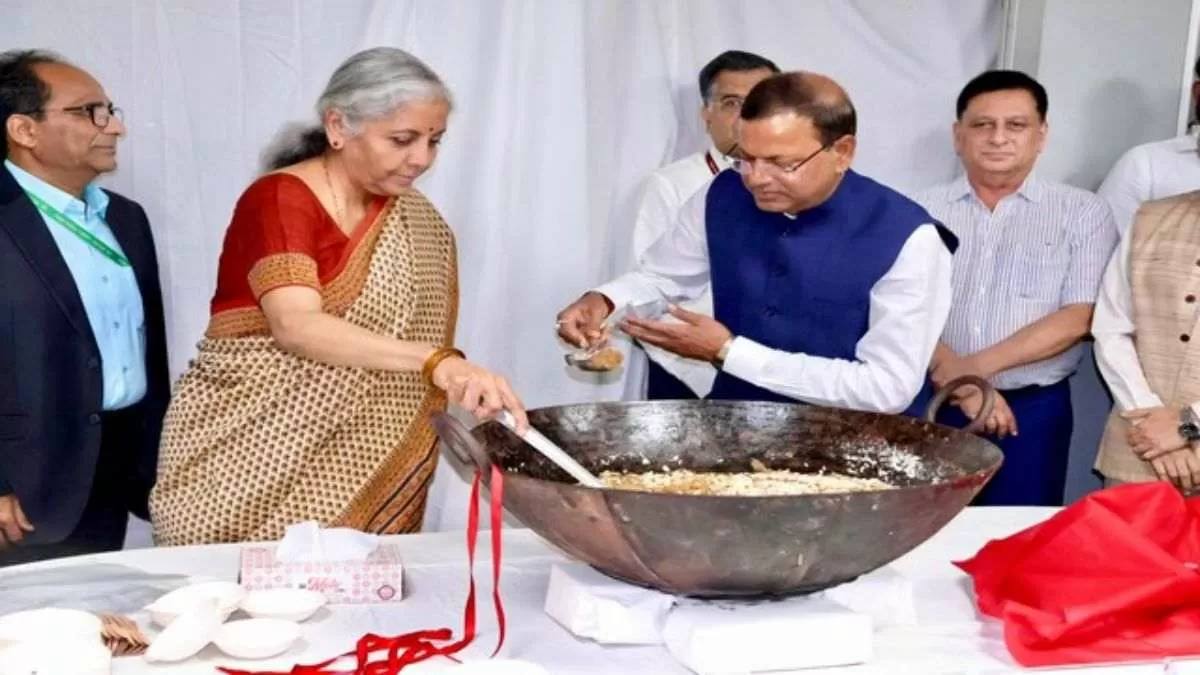 Finance Minister Nirmala Sitharaman during the halwa ceremony before the commencement of the final stages for the preparation of Union Budget 2024-25.