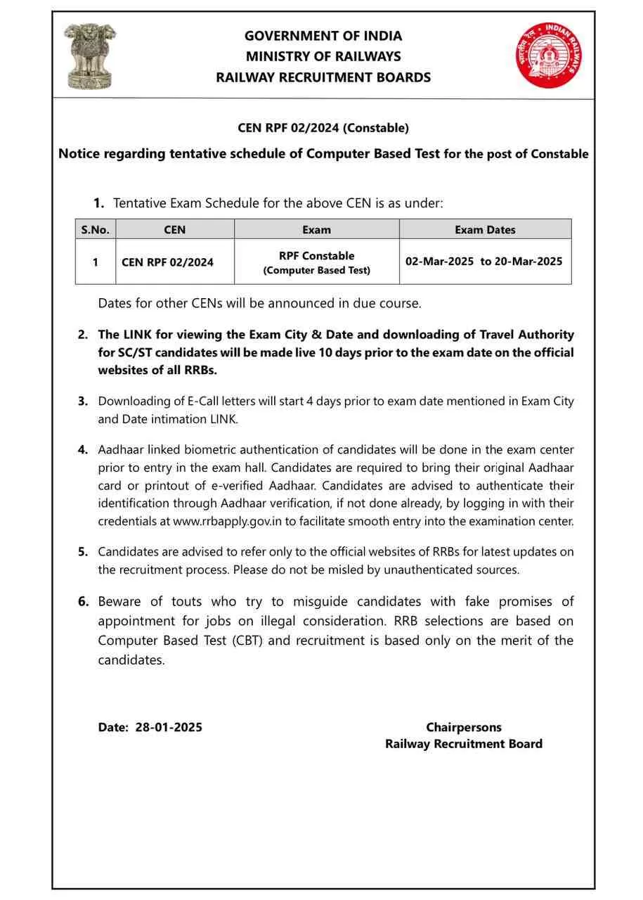 RPF Constable Exam Date 2025 OUT
