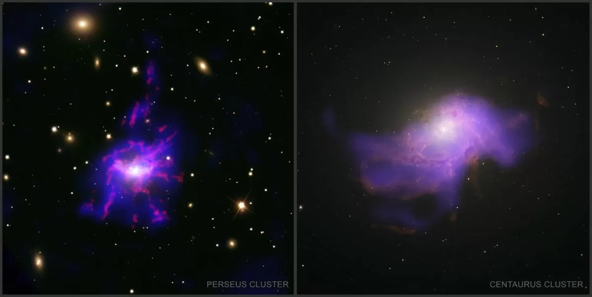 NASA’s Chandra captured X-ray data of the Perseus Cluster, combined with DSS Optical/IR and CFHT/SITELLE H-alpha observations. The Centaurus Cluster was studied using NASA’s advanced X-ray imaging.