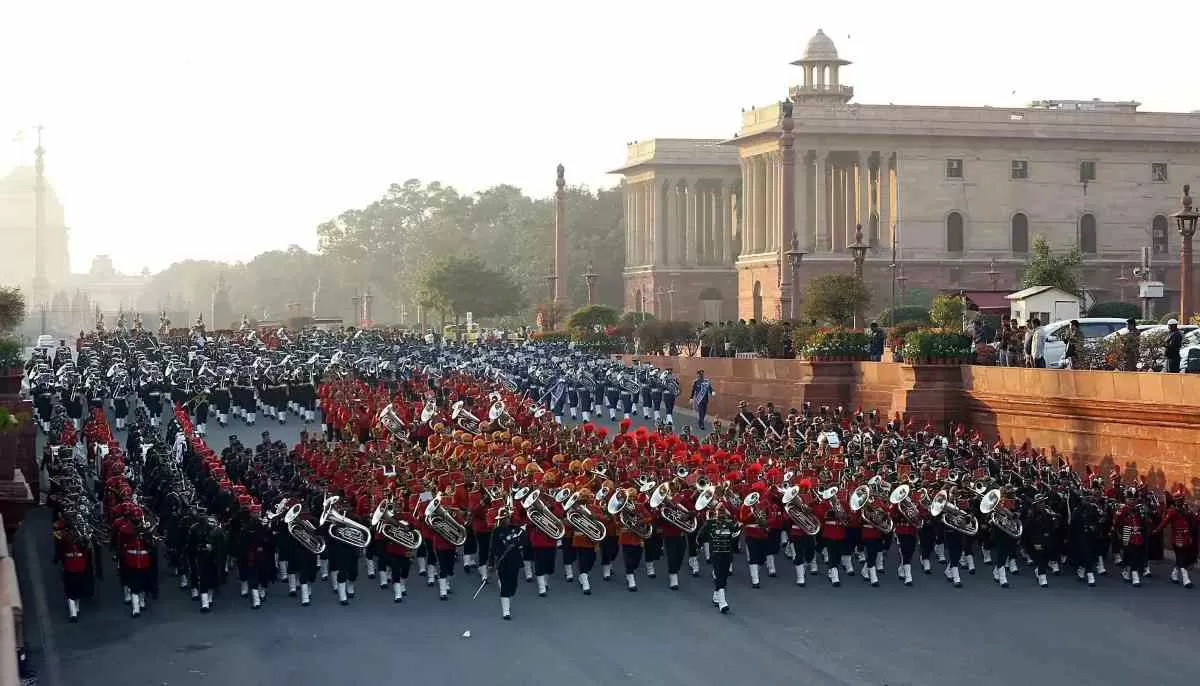 The Tri-Services bands participate in the full dress rehearsal for the Beating Retreat ceremony at Vijay Chowk, New Delhi.
