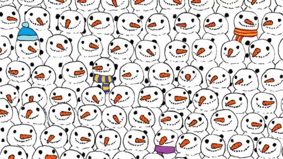 Spot the panda hidden among snowmen.