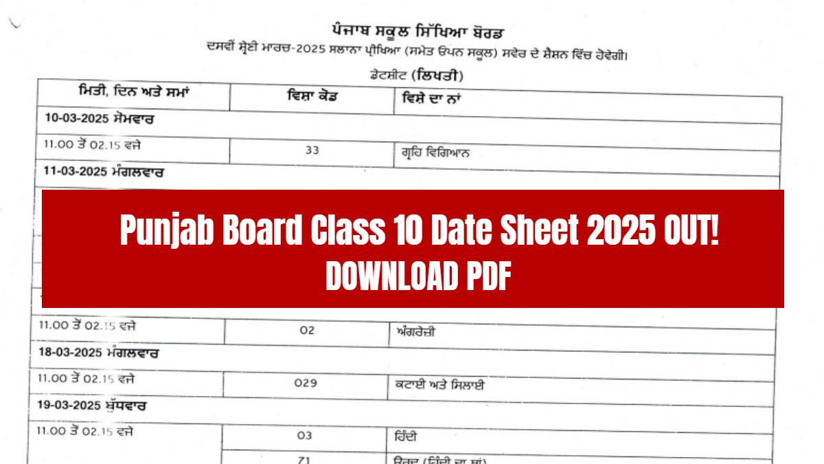 PSEB Date Sheet 2025 Class 10 Download Punjab Board 10th Time Table