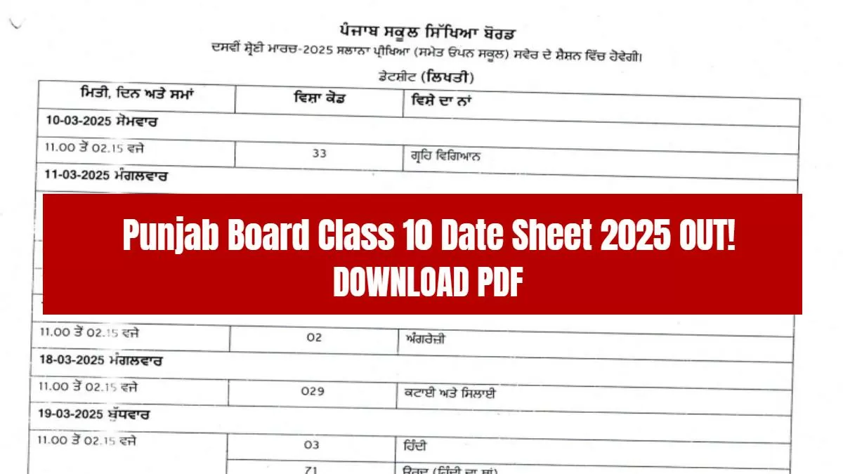 Get here PSEB 10th Date Sheet 2025.