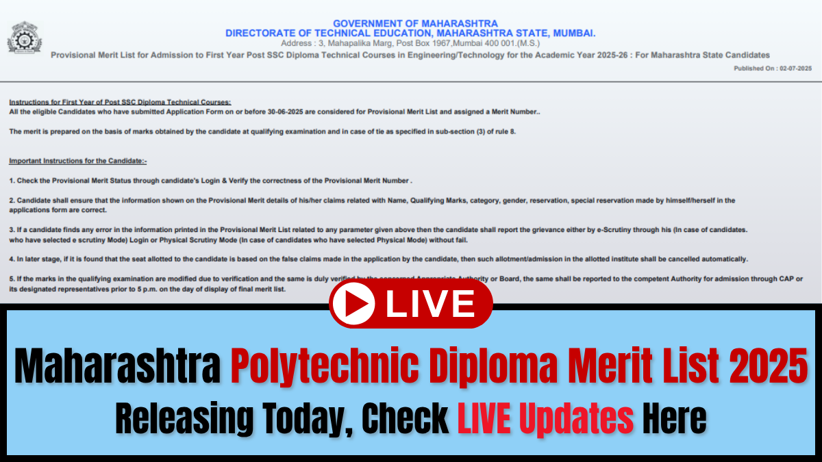 DTE Maharashtra Polytechnic Merit List 2025 LIVE: Released at dte.maharashtra.gov.in, Download Provisional List Result Here