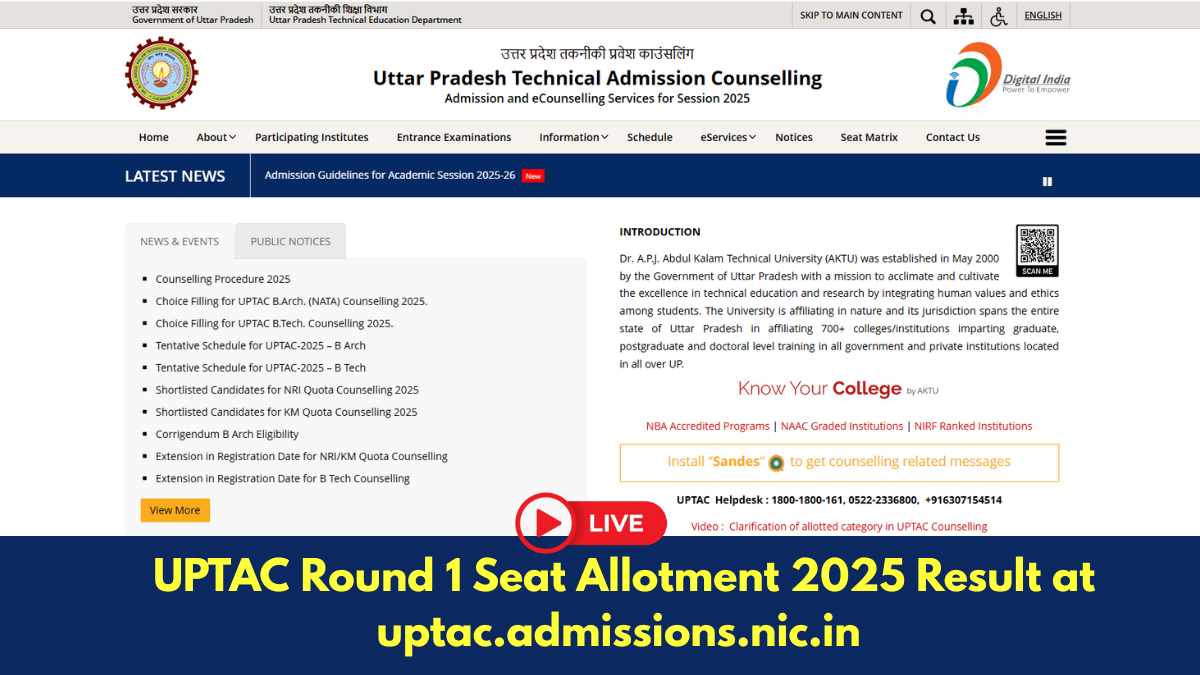 UPTAC Round 1 Seat Allotment 2025 LIVE: Download AKTU Counselling Result Today at uptac.admissions.nic.in; Check Fees, and Other Details