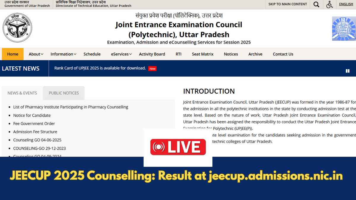 JEECUP 2025 Counselling  LIVE: UP Polytechnic Round 1 Seat Allotment Result Today at jeecup.admissions.nic.in, Check Status Here