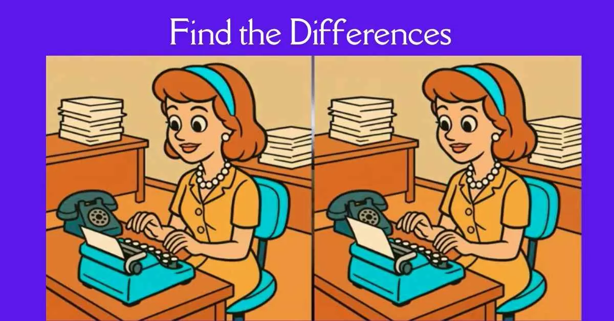 Spot 3 Differences in Girl Using Typewriter