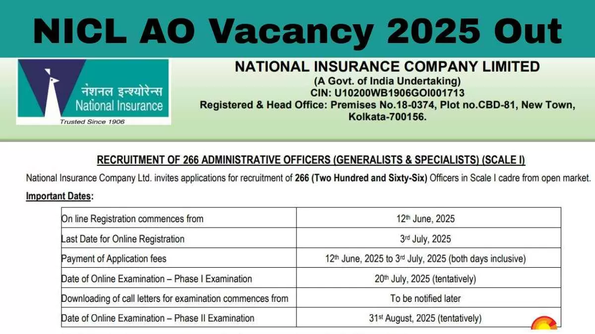 NICL AO Vacancy 2025 Notification Out for 266 Posts, Check Category-wise Vacancies