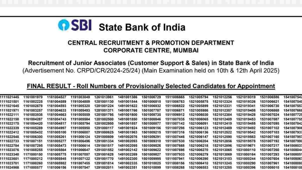 SBI Clerk Mains Result 2025 OUT at sbi.co.in