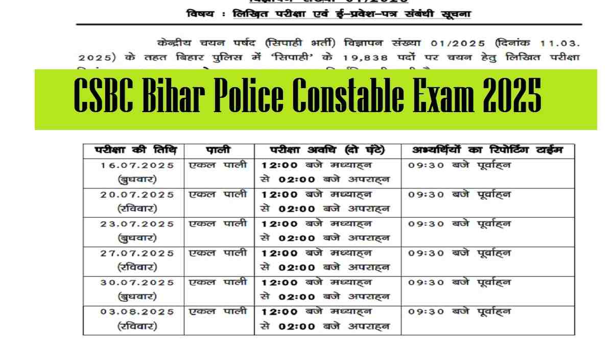 Bihar Police Constable Exam Date Released at csbc.bihar.gov.in, Download CSBC Police Full Exam Schedule PDF - Direct Link Here