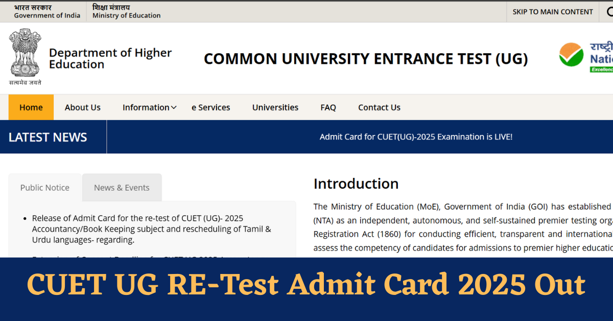 CUET UG RE-Test Admit Card 2025 Out at cuet.nta.nic.in: Download Hall Tickets Here