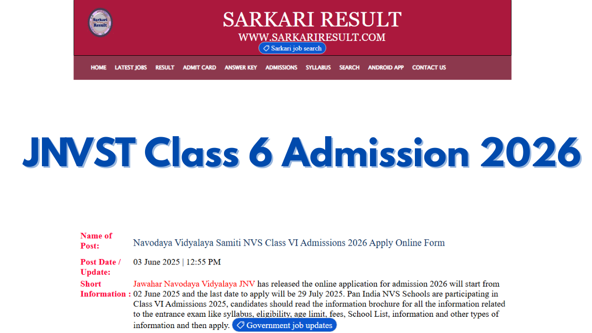 JNVST Class 6 Admission 2026