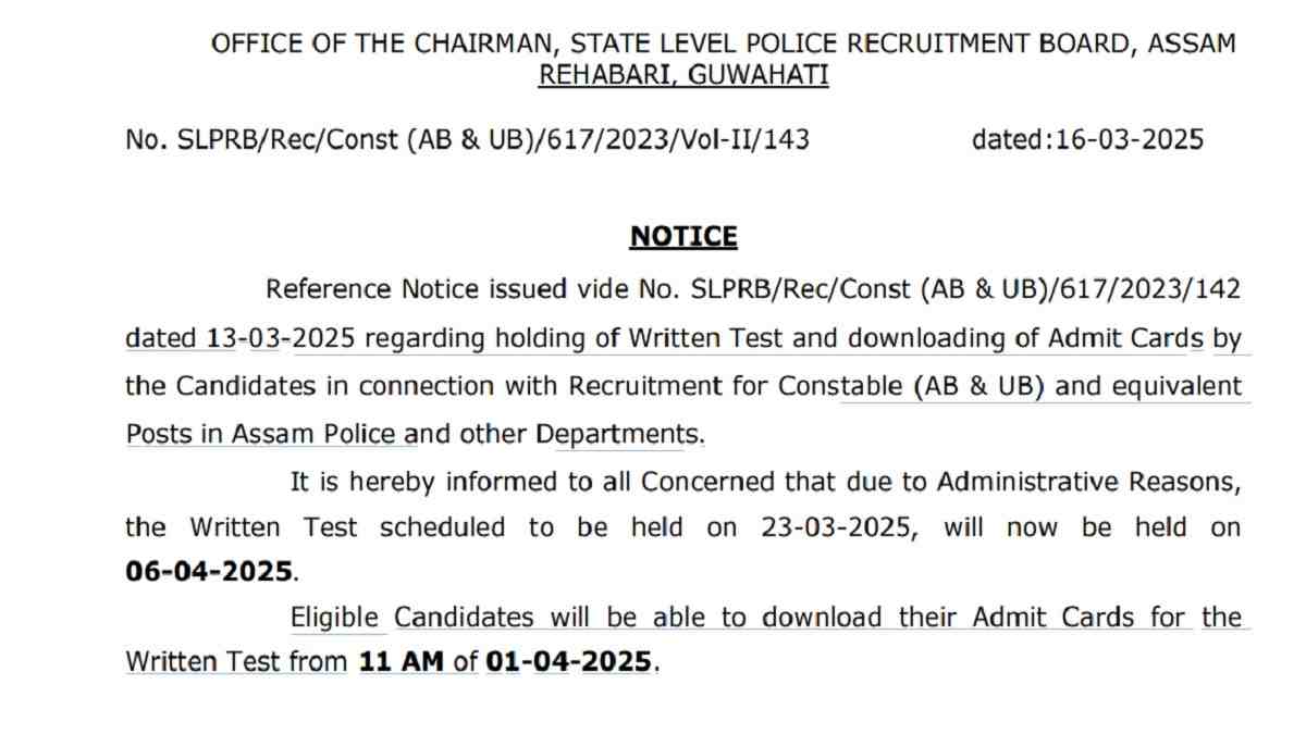 Assam Police Constable Admit Card 2025: Exam scheduled on April 6, Check Hall ticket release date 