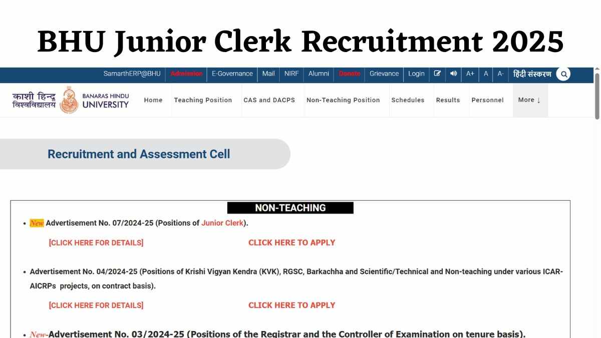 BHU Junior Clerk Recruitment 2025: बीएचयू में जूनियर क्लर्क के पदों पर निकली रिक्ति, जल्द करें आवेदन 