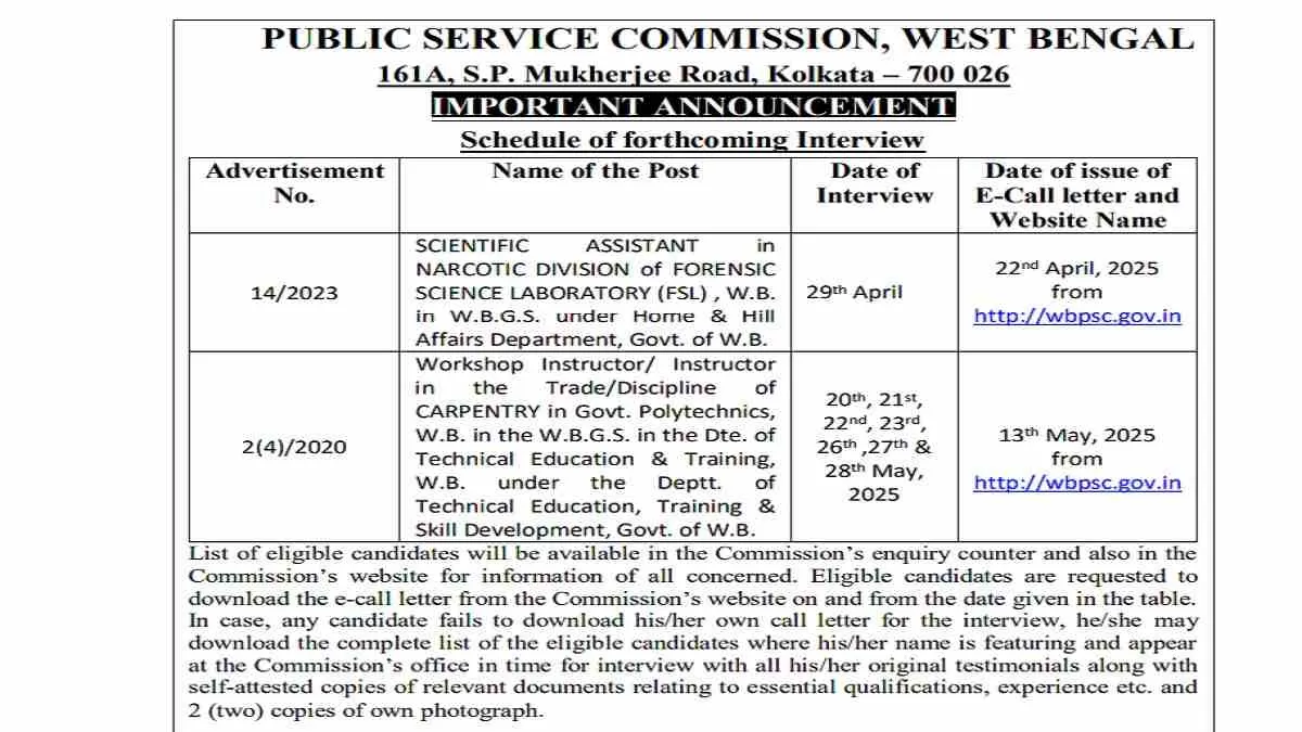 Get all details about WBPSC Interview Schedule 2025 here